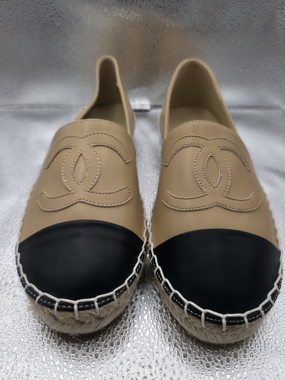 Chanel Two-Tone Beige and Black Espadrille Flats